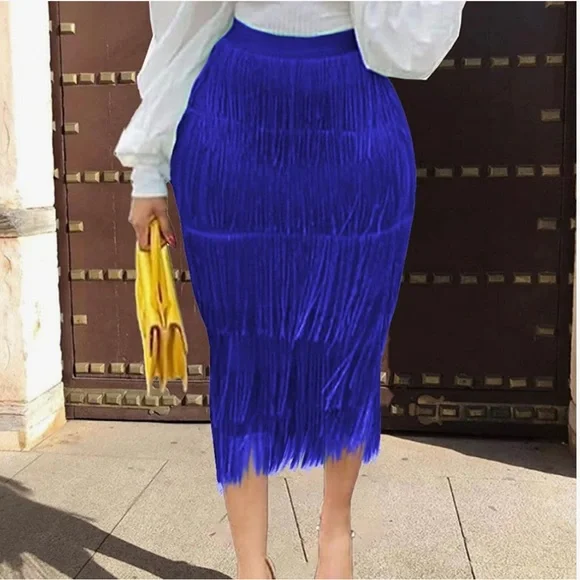 Elegant Blue Fringe Midi Skirt - Picture 2 of 6
